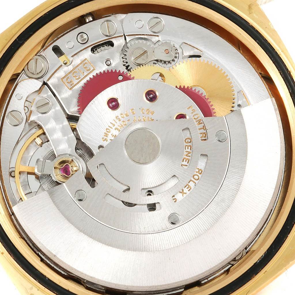 The image shows the internal mechanism of the Rolex President 16238 Men's Yellow Gold Green Dial 16238 Men's Yellow Gold Green Dial model watch from a back view angle.
