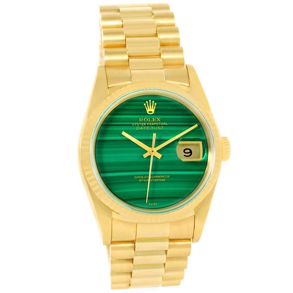 The Rolex President 16238 Men's Yellow Gold Green Dial 16238 Men's Yellow Gold Green Dial model watch is shown from the front, highlighting its green dial, gold casing, and bracelet.