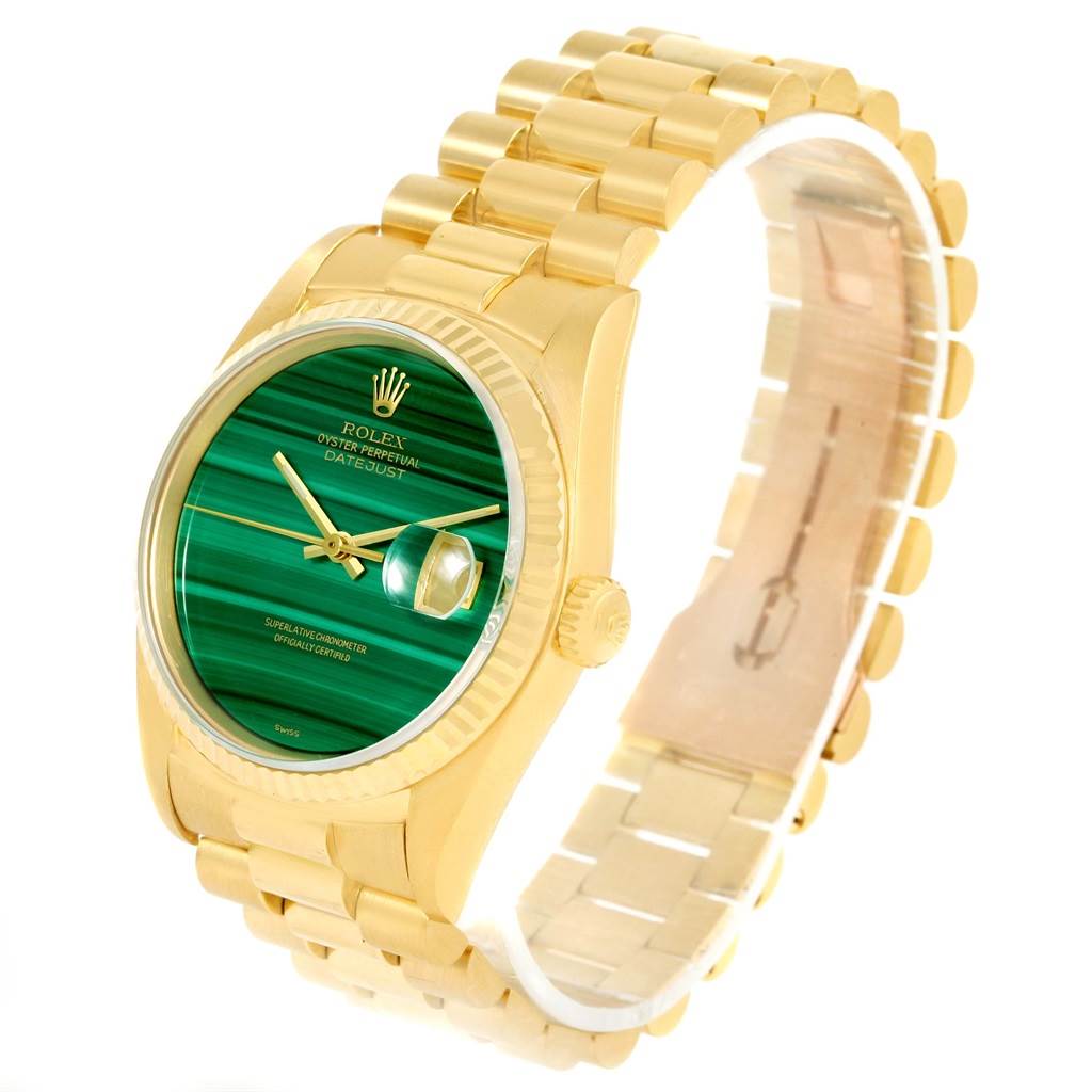 The Rolex President 16238 Men's Yellow Gold Green Dial 16238 Men's Yellow Gold Green Dial model watch is shown at a slight angle, displaying its green dial, fluted bezel, and gold bracelet.