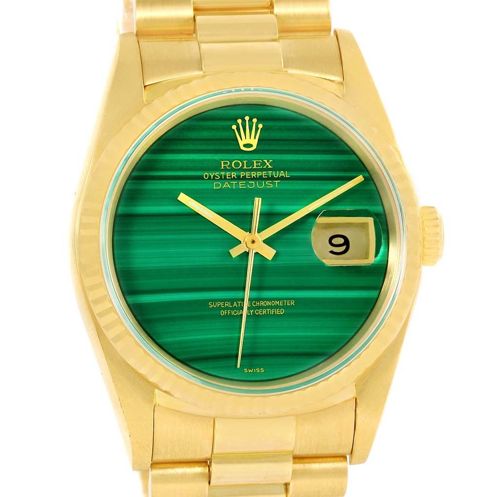 The image shows a Rolex President 16238 Men's Yellow Gold Green Dial 16238 Men's Yellow Gold Green Dial model watch face-on, displaying the green dial, gold case, and bracelet.