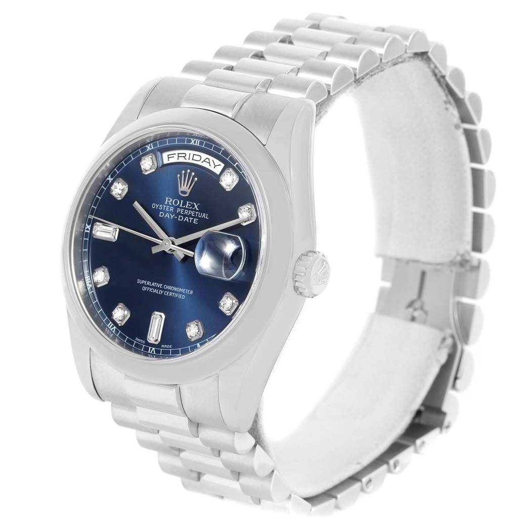 This image shows a Rolex President 118206 Men's Platinum Silver Dial 118206 Men's Platinum Silver Dial model watch at a slight angle, displaying the watch face, bracelet, and crown.