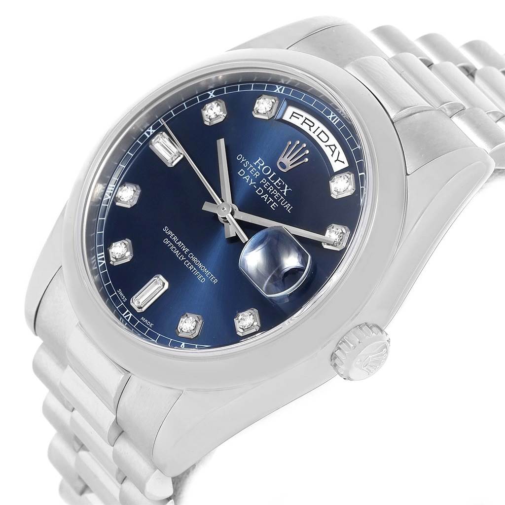 This image shows a close-up angled view of the Rolex President 118206 Men's Platinum Silver Dial 118206 Men's Platinum Silver Dial model watch, highlighting its dial, bezel, and bracelet.