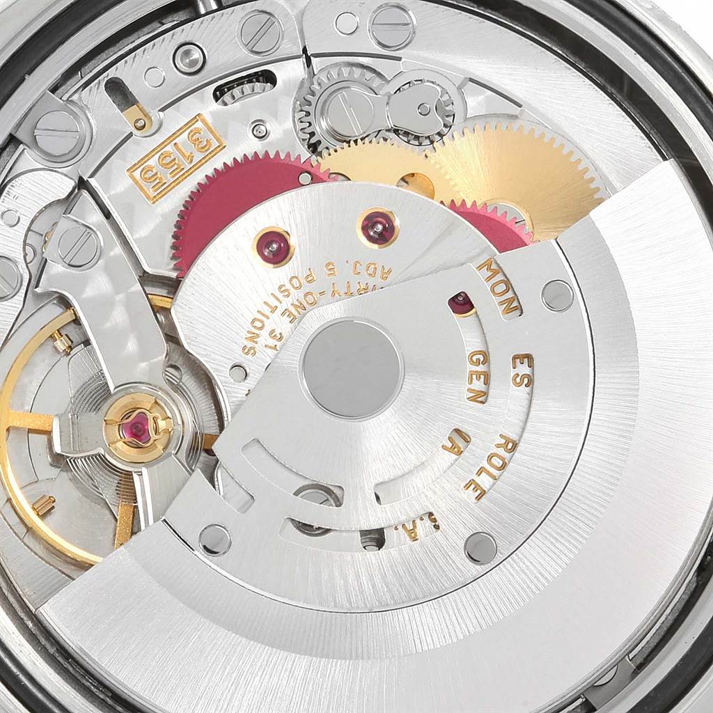 The image shows a close-up of the inner mechanical movement of a Rolex President 118206 Men's Platinum Silver Dial 118206 Men's Platinum Silver Dial model watch.