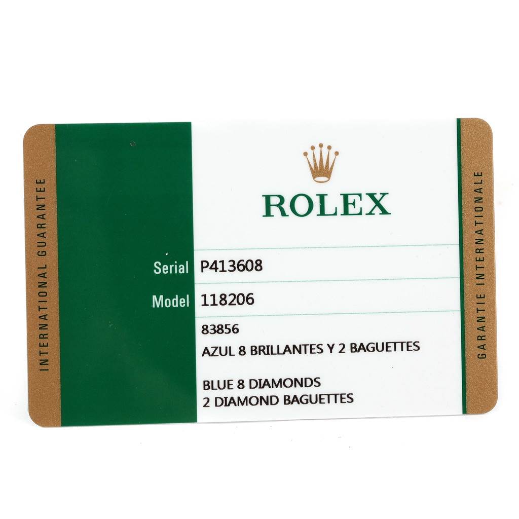 This is the international guarantee card for the Rolex President 118206 Men's Platinum Silver Dial 118206 Men's Platinum Silver Dial model watch.