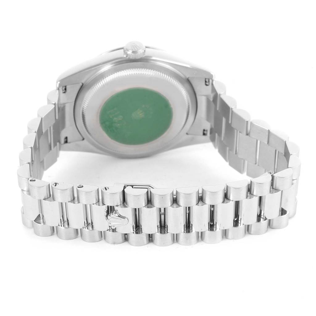 The image shows the Rolex President 118206 Men's Platinum Silver Dial 118206 Men's Platinum Silver Dial watch from the back, displaying the case back and the bracelet.