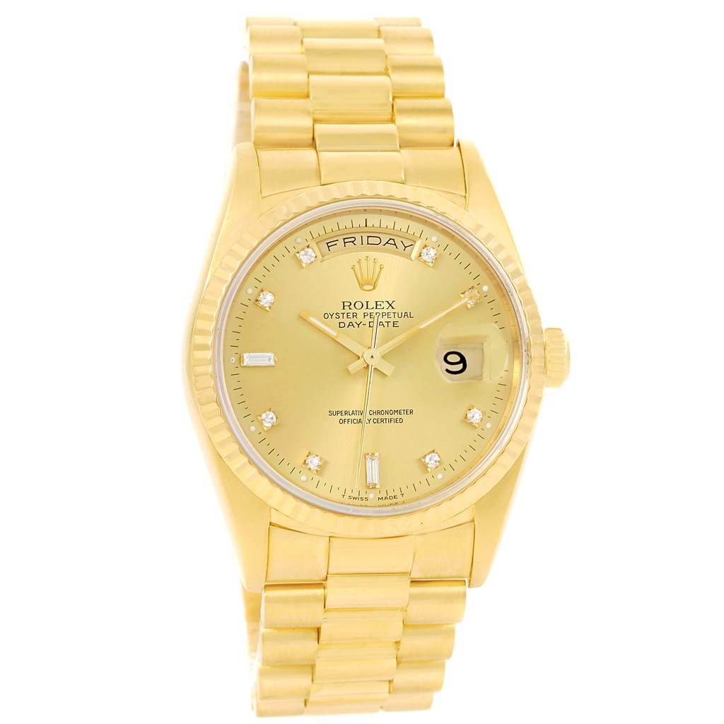 The image shows a Rolex President 18238 Men
s Yellow Gold Champagne Dial 18238 Men
s Yellow Gold Champagne Dial model watch from a frontal angle, highlighting its gold bracelet, day-date display, and diamond markers.