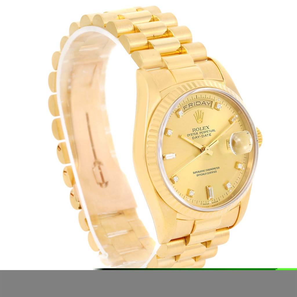 The image shows a side angle of a Rolex President 18238 Men
s Yellow Gold Champagne Dial 18238 Men
s Yellow Gold Champagne Dial model watch, highlighting the gold bracelet and the face displaying the day and date.