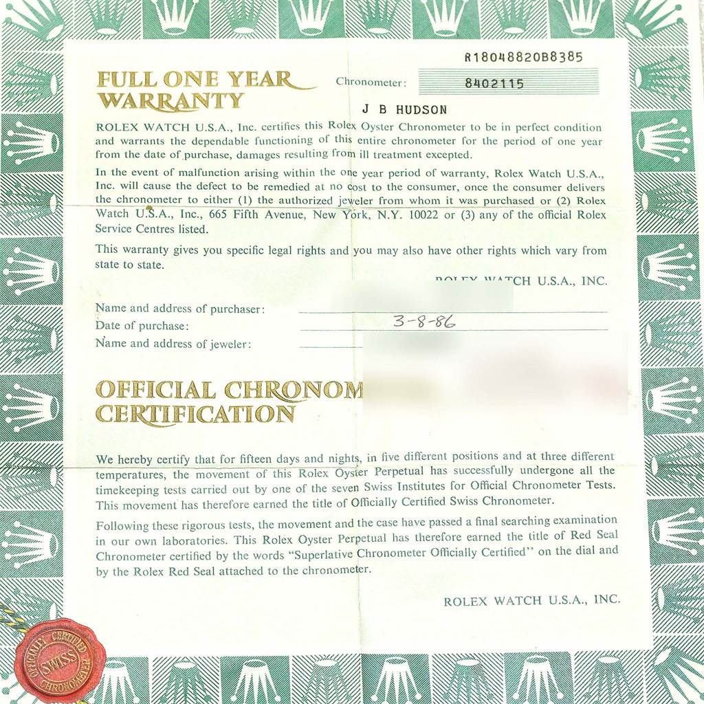 The image shows a full one-year warranty certificate for the Rolex President 18048 Men
s Yellow Gold Champagne Dial 18048 Men
s Yellow Gold Champagne Dial model watch with official chronometer certification.