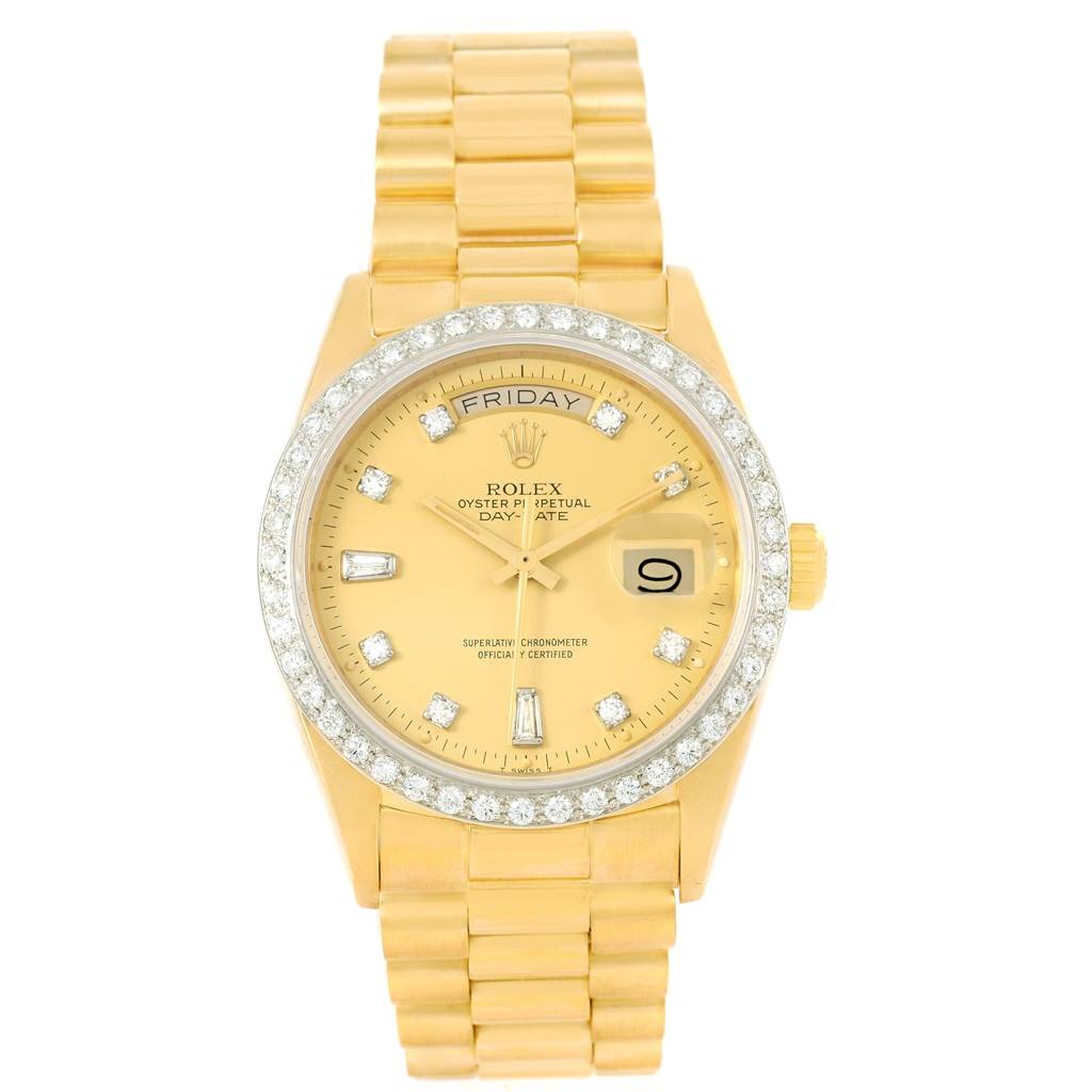 The image shows a front view of the Rolex President 18048 Men
s Yellow Gold Champagne Dial 18048 Men
s Yellow Gold Champagne Dial model watch, including its face, bezel, bracelet, and crown.