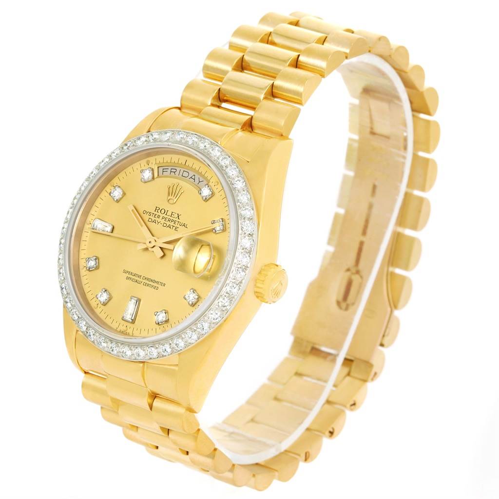 This is a Rolex President 18048 Men
s Yellow Gold Champagne Dial 18048 Men
s Yellow Gold Champagne Dial model watch angled to show the dial, bezel, part of the bracelet, and the crown.