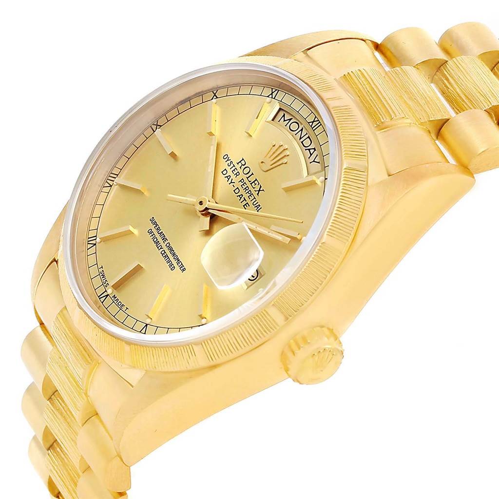 This image shows a close-up angled view of a Rolex President 18078 Men
s Yellow Gold Champagne Dial 18078 Men
s Yellow Gold Champagne Dial model watch, highlighting its face, bezel, and bracelet.