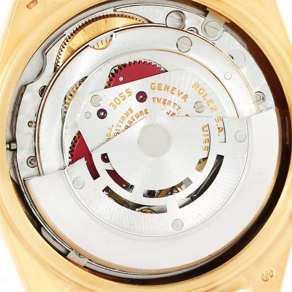 The image shows the movement mechanism of a Rolex President 18078 Men
s Yellow Gold Champagne Dial 18078 Men
s Yellow Gold Champagne Dial model, viewed from the back.