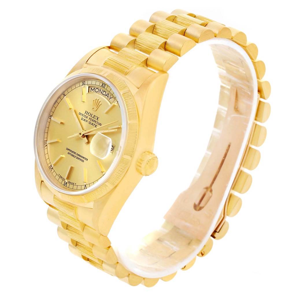 This image shows a side angle view of the Rolex President 18078 Men
s Yellow Gold Champagne Dial 18078 Men
s Yellow Gold Champagne Dial model watch, displaying the dial, crown, and bracelet.