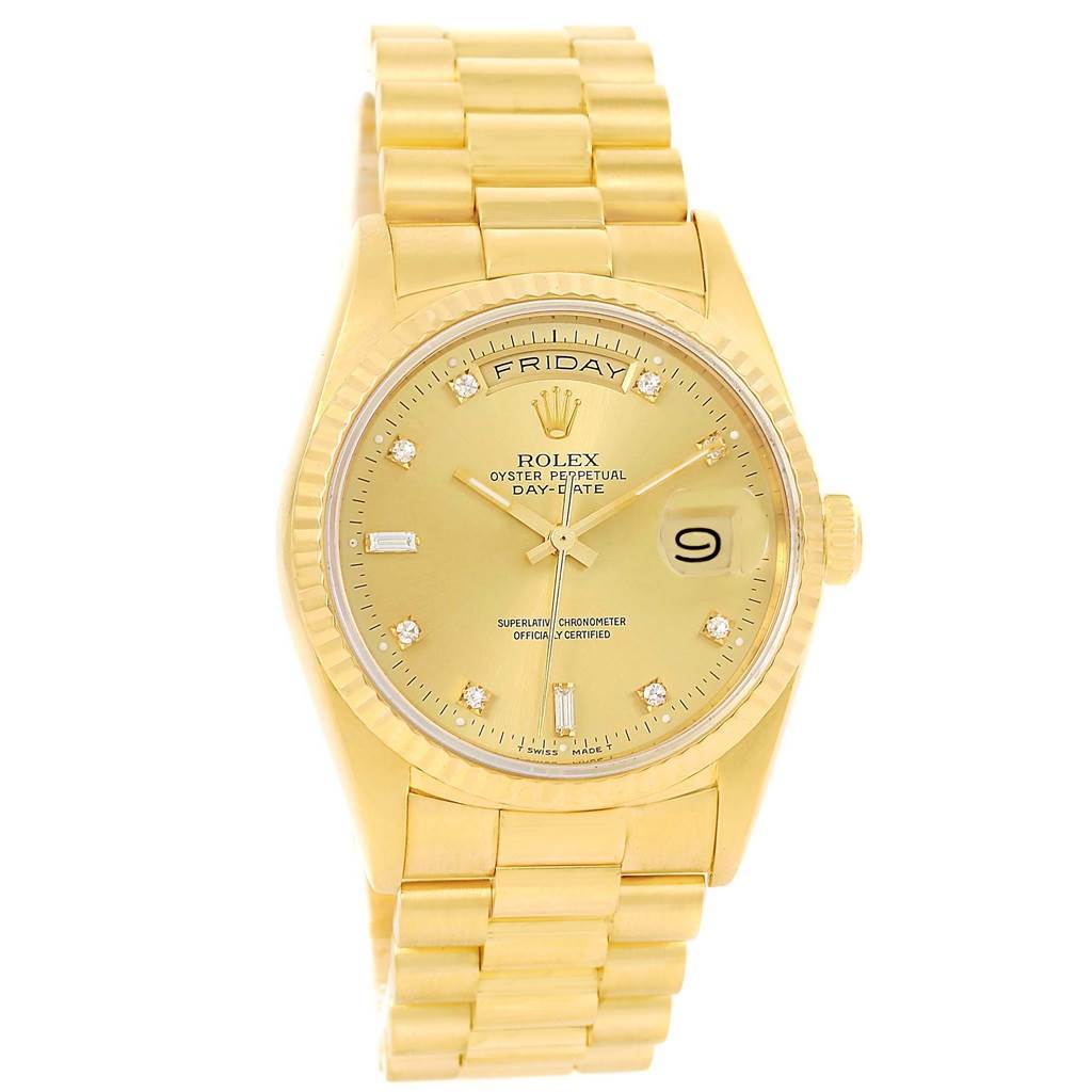 The image shows a front view of the Rolex President 18238 Men
s Yellow Gold Champagne Dial 18238 Men
s Yellow Gold Champagne Dial Oyster Perpetual Day-Date watch, highlighting its dial, bracelet, and fluted bezel.