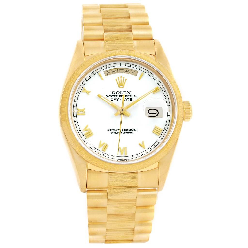 The image shows a front view of a Rolex President 18078 Men
s Yellow Gold White Dial 18078 Men
s Yellow Gold White Dial model watch featuring its face, band, and bezel.
