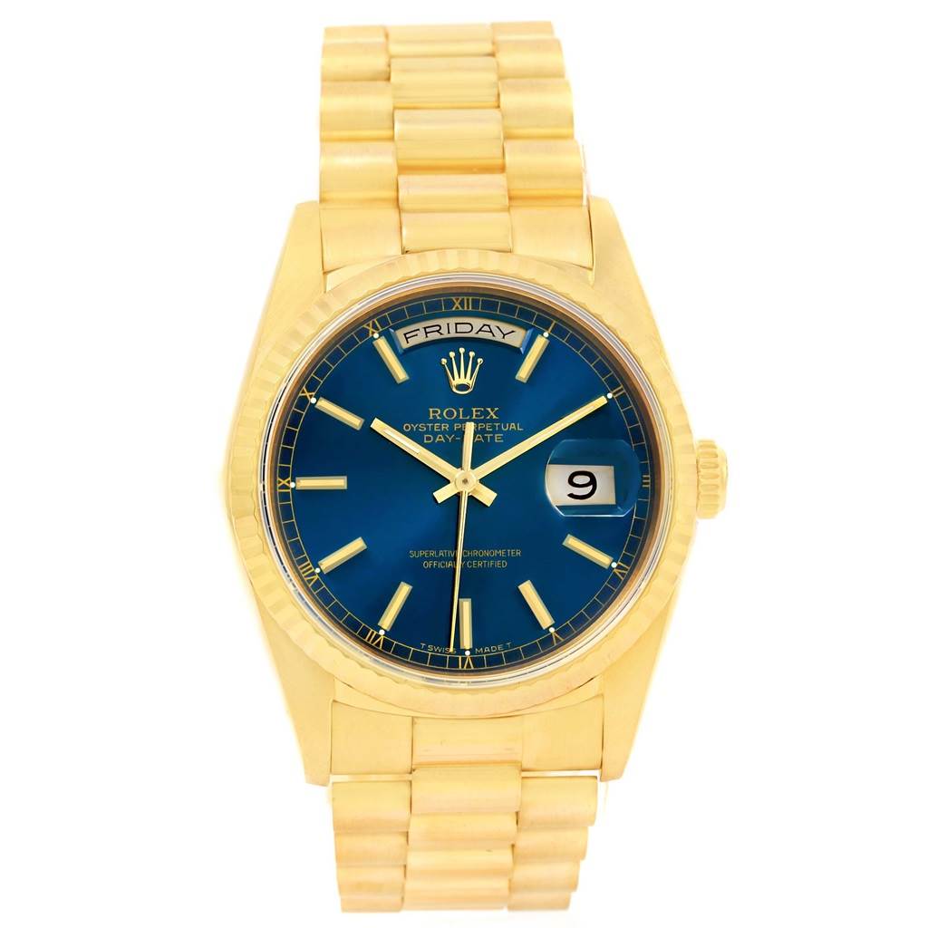 The image shows the front view of a Rolex President 18238 Men's Yellow Gold Blue Dial 18238 Men's Yellow Gold Blue Dial model watch, featuring a blue dial and gold bracelet.