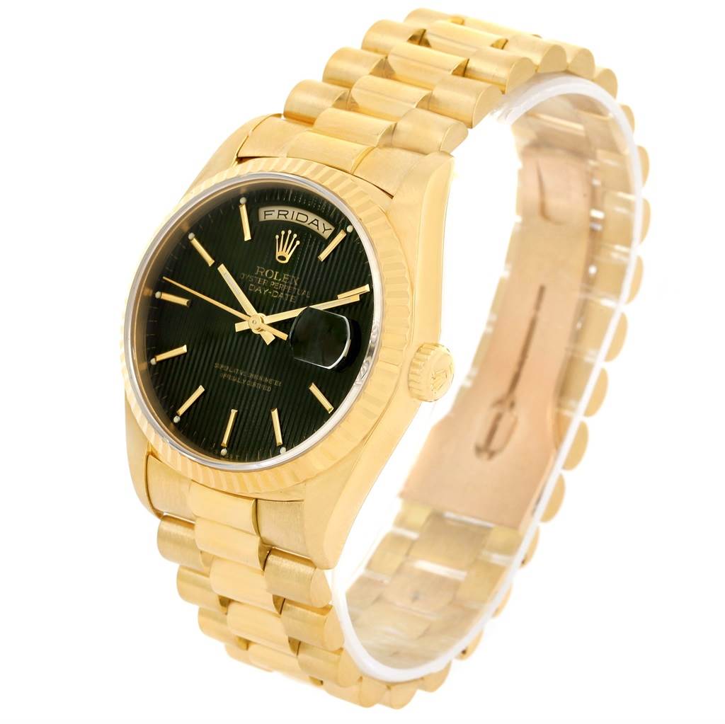 The image shows a Rolex President 18238 Men's Yellow Gold Black Dial 18238 Men's Yellow Gold Black Dial model watch, featuring its gold bracelet, case, and black dial at an angled side view.