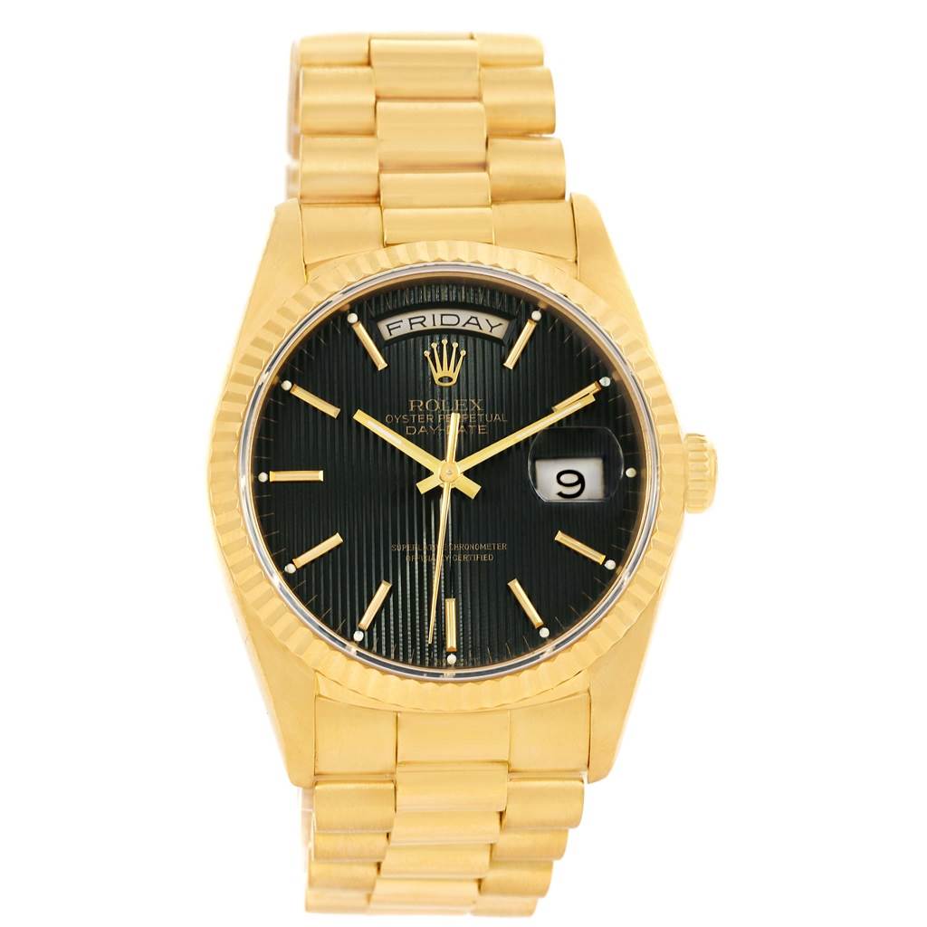 The image shows a front view of a Rolex President 18238 Men's Yellow Gold Black Dial 18238 Men's Yellow Gold Black Dial model watch, displaying the face, bezel, crown, and band.