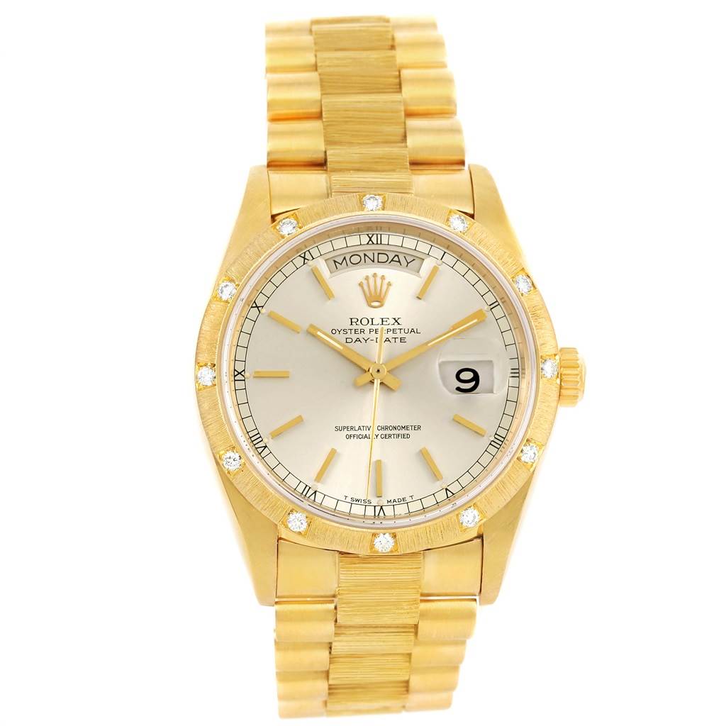 This image shows the Rolex President 18078 Men
s Yellow Gold Silver Dial 18078 Men
s Yellow Gold Silver Dial model watch from a front angle, highlighting its face, bracelet, crown, and bezel details.