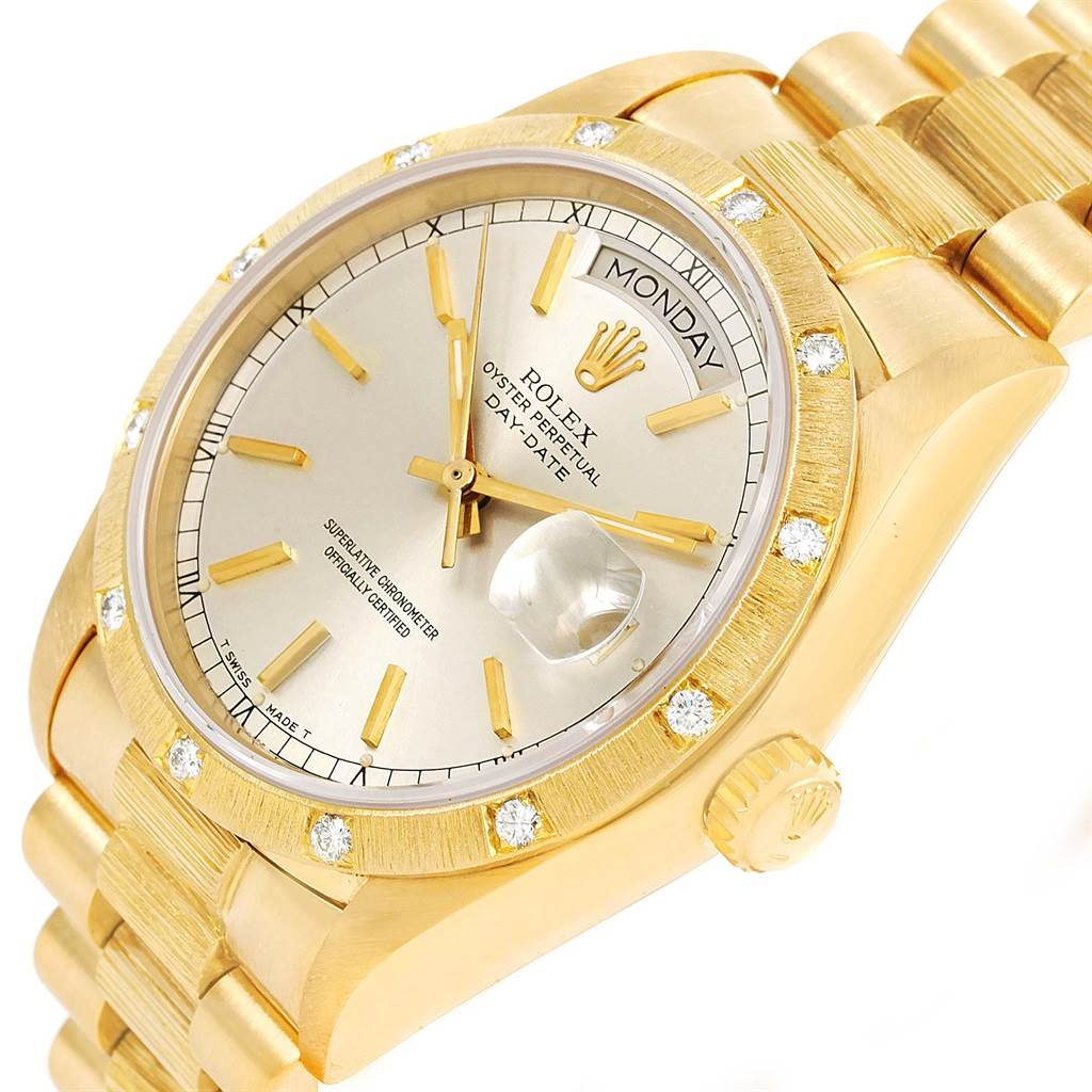 The Rolex President 18078 Men
s Yellow Gold Silver Dial 18078 Men
s Yellow Gold Silver Dial model watch is shown at a three-quarter angle, highlighting the face, crown, and part of the bracelet.