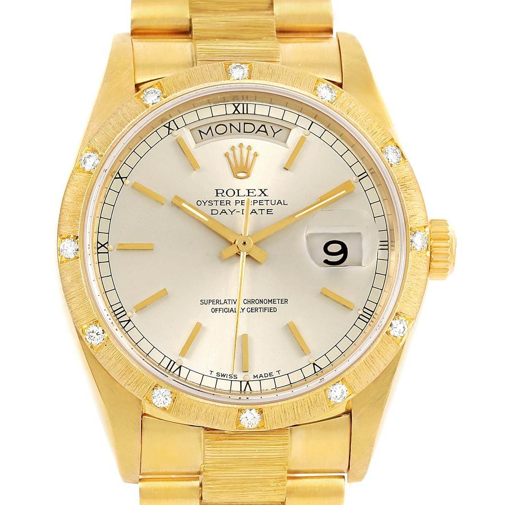 The image shows the front view of a Rolex President 18078 Men
s Yellow Gold Silver Dial 18078 Men
s Yellow Gold Silver Dial model watch featuring the dial, hands, date window, and partial bracelet.