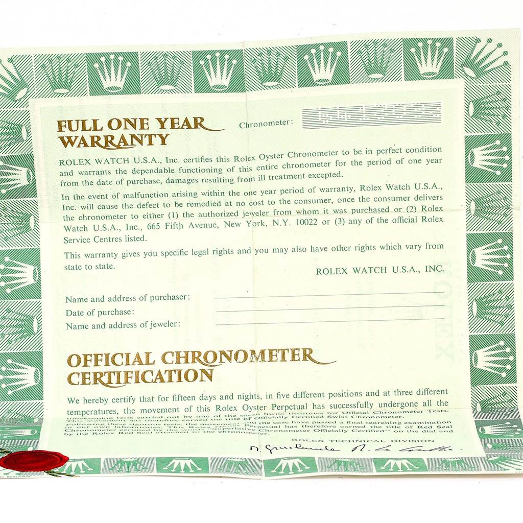 This image shows a full one-year warranty and official chronometer certification for a Rolex President 18078 Men
s Yellow Gold Silver Dial 18078 Men
s Yellow Gold Silver Dial model.