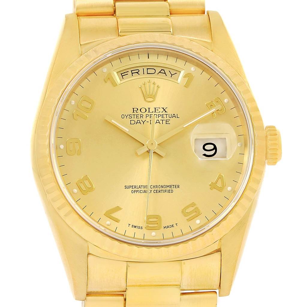 The image shows the dial, bezel, and part of the bracelet of a Rolex President 18238 Men
s Yellow Gold Champagne Dial 18238 Men
s Yellow Gold Champagne Dial model watch, viewed from the front.