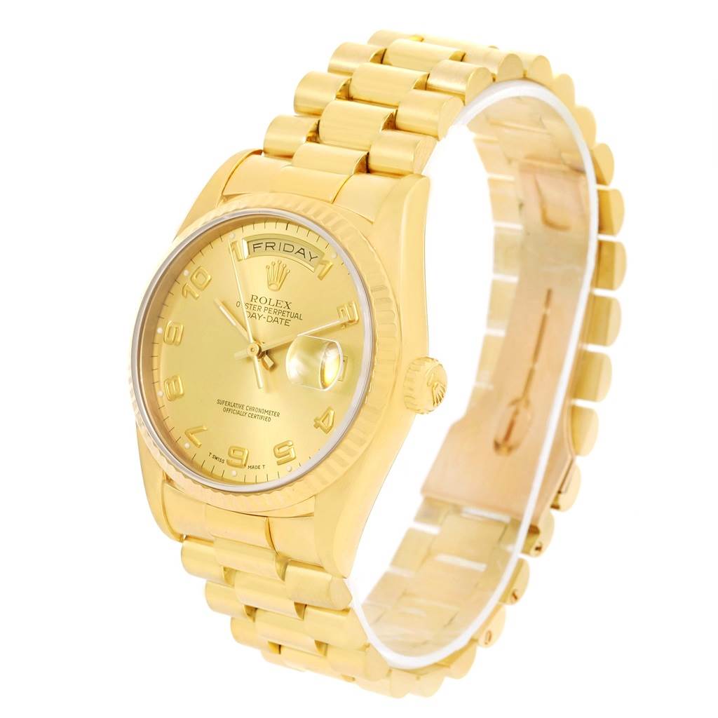 This image shows a gold Rolex President 18238 Men
s Yellow Gold Champagne Dial 18238 Men
s Yellow Gold Champagne Dial model watch, angled to display the face, band, and crown.