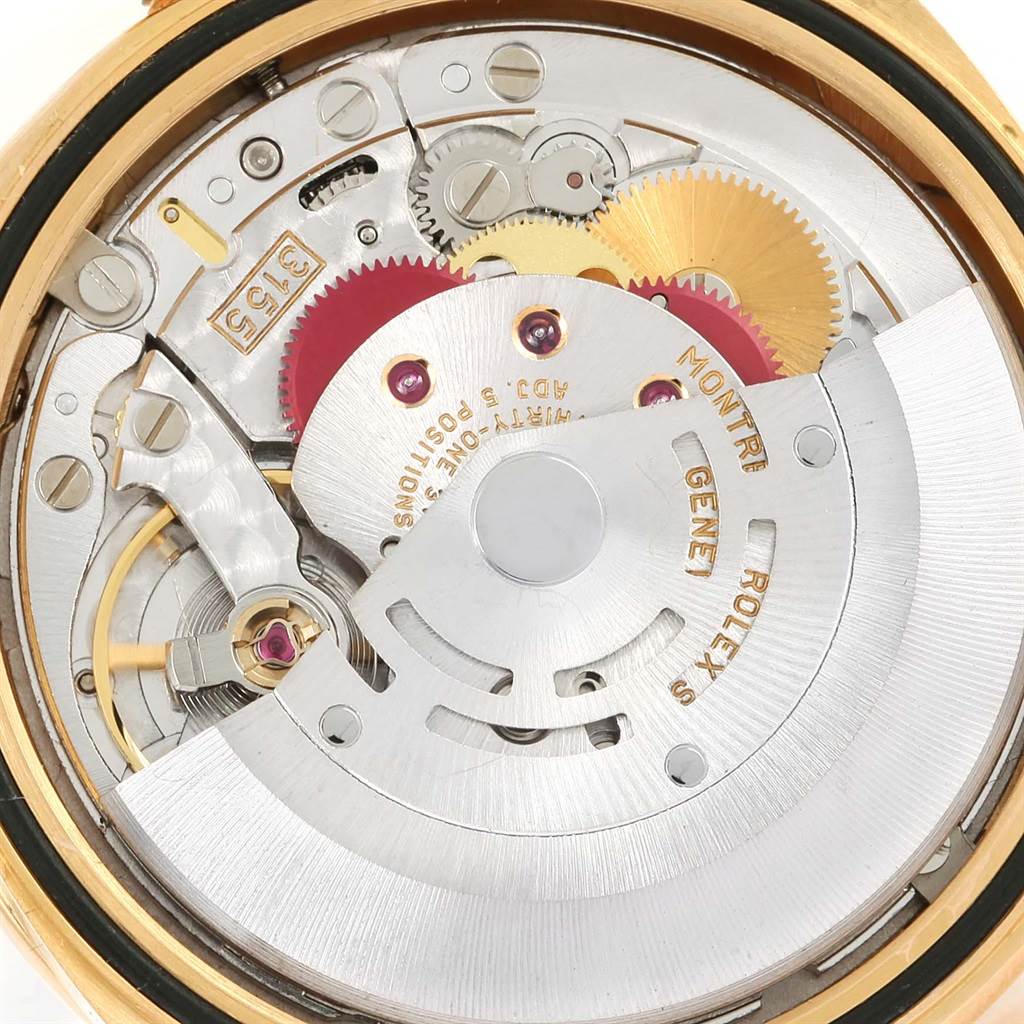 The image shows the internal mechanical movement of a Rolex President 18308 Men's Yellow Gold Champagne Dial 18308 Men's Yellow Gold Champagne Dial model watch at a close-up angle.