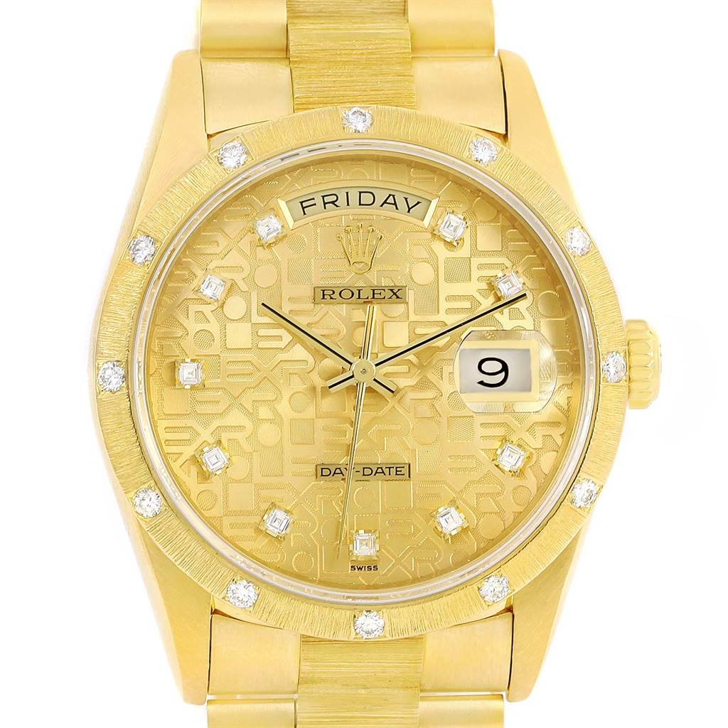 This image shows a front view of a Rolex President 18308 Men's Yellow Gold Champagne Dial 18308 Men's Yellow Gold Champagne Dial model watch, highlighting the dial, bezel, and bracelet.