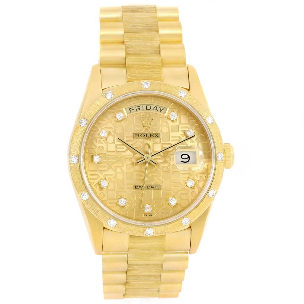 The image shows a front view of a Rolex President 18308 Men's Yellow Gold Champagne Dial 18308 Men's Yellow Gold Champagne Dial model watch, displaying its dial, bezel, and bracelet.
