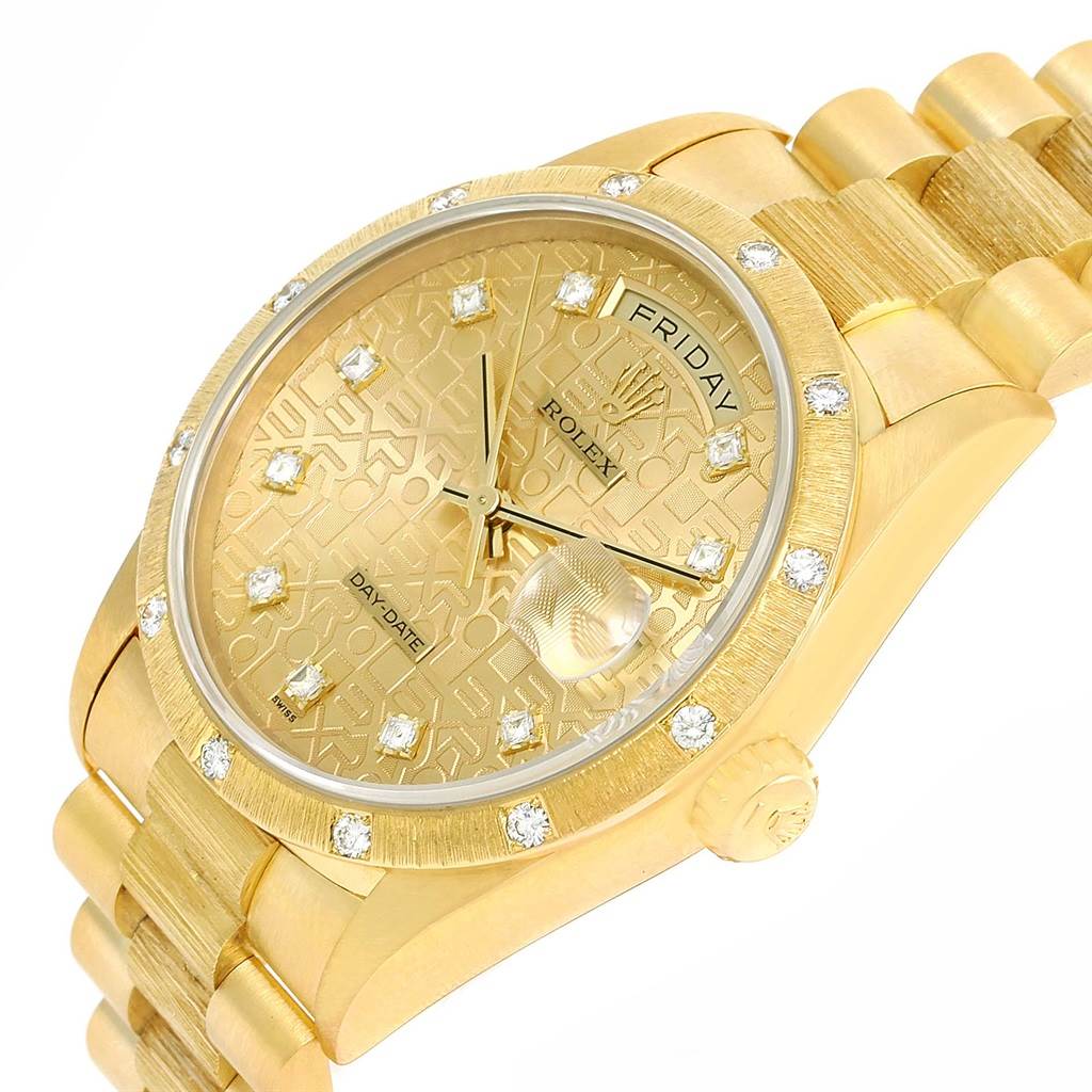 The image shows a close-up of a Rolex President 18308 Men's Yellow Gold Champagne Dial 18308 Men's Yellow Gold Champagne Dial model watch, highlighting its gold face, diamond hour markers, and bracelet.