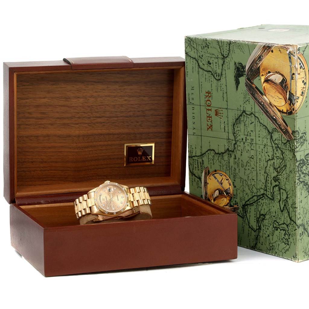 The image shows a Rolex President 18308 Men's Yellow Gold Champagne Dial 18308 Men's Yellow Gold Champagne Dial model watch displayed in an open wooden box with the Rolex logo, alongside its packaging box.