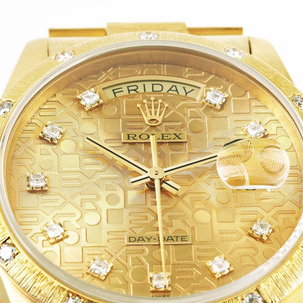 The close-up image shows the dial and hands of a Rolex President 18308 Men's Yellow Gold Champagne Dial 18308 Men's Yellow Gold Champagne Dial model watch, highlighting the day, date, and diamond markers.