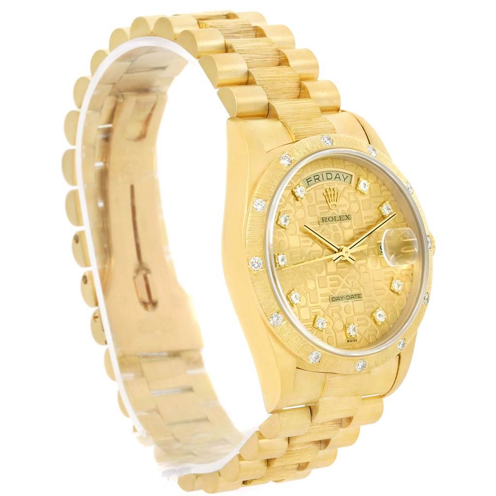 This image shows a side and angled front view of a gold Rolex President 18308 Men's Yellow Gold Champagne Dial 18308 Men's Yellow Gold Champagne Dial model watch, highlighting its bracelet and diamond-accented face.