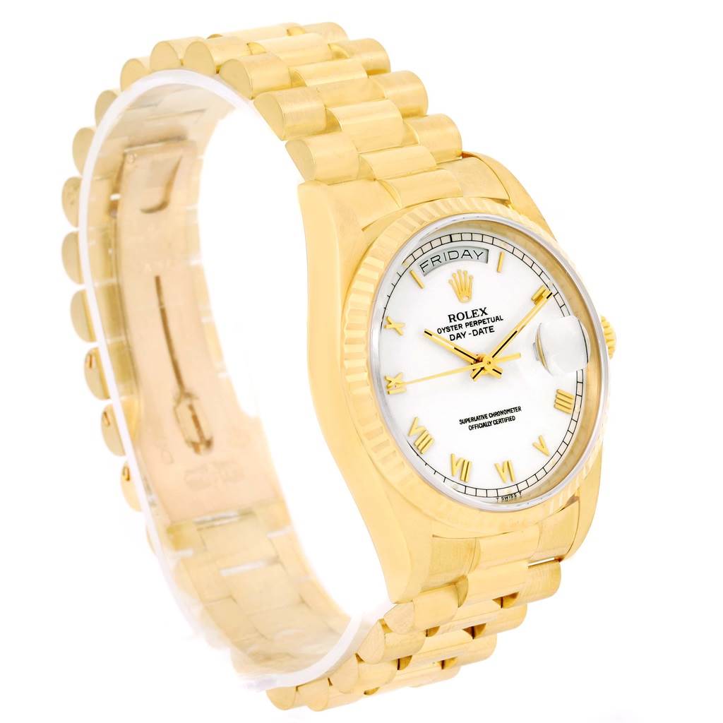 The image shows a Rolex President 18238 Men's Yellow Gold White Dial 18238 Men's Yellow Gold White Dial model watch at a three-quarter angle, highlighting the gold bracelet, case, and white dial.