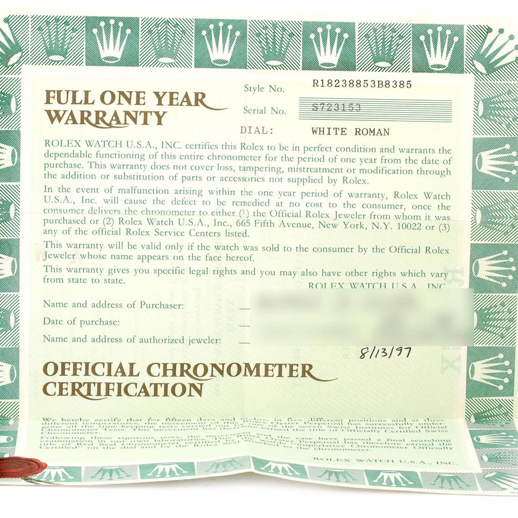 The image shows the warranty and official chronometer certification documents for a Rolex President 18238 Men's Yellow Gold White Dial 18238 Men's Yellow Gold White Dial model watch.