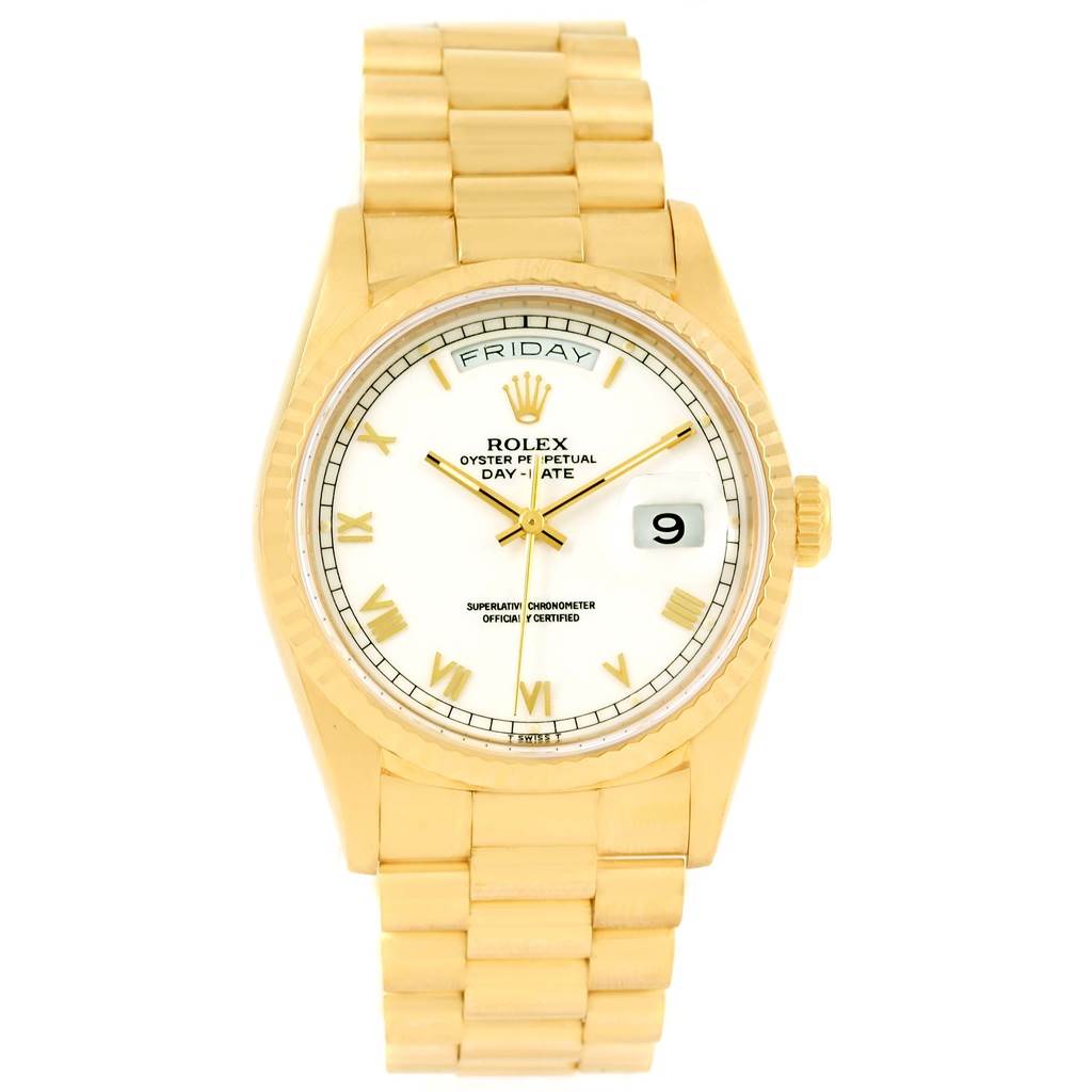 The image shows a gold Rolex President 18238 Men's Yellow Gold White Dial 18238 Men's Yellow Gold White Dial model watch from a front angle, displaying its dial, date window, and bracelet.