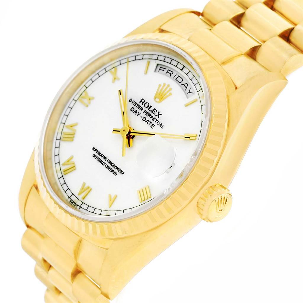 This Rolex President 18238 Men's Yellow Gold White Dial 18238 Men's Yellow Gold White Dial model watch is shown from an angled front view, displaying the dial, bezel, bracelet, and crown.