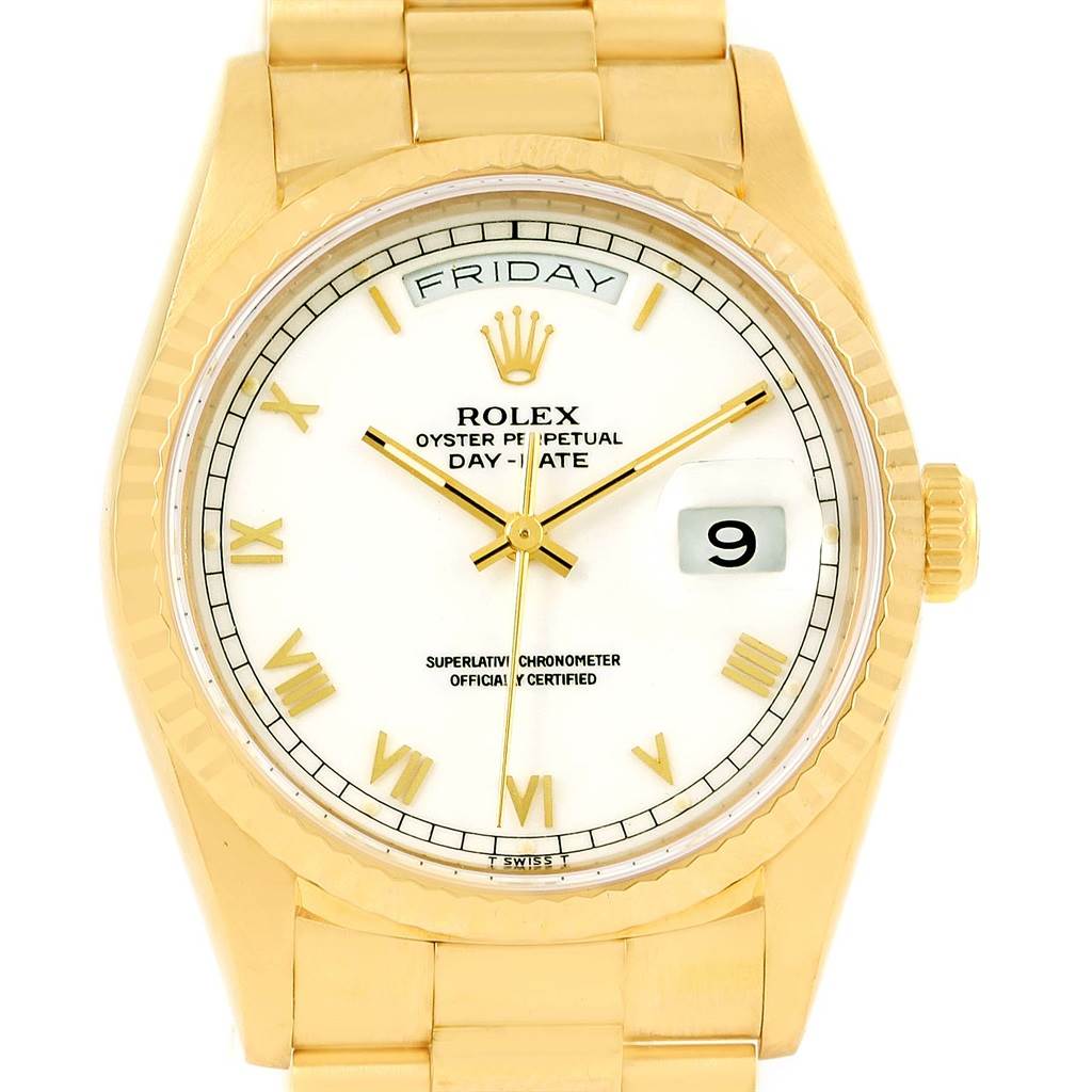 This image shows the front view of the Rolex President 18238 Men's Yellow Gold White Dial 18238 Men's Yellow Gold White Dial watch, featuring its face, dial, and bracelet.