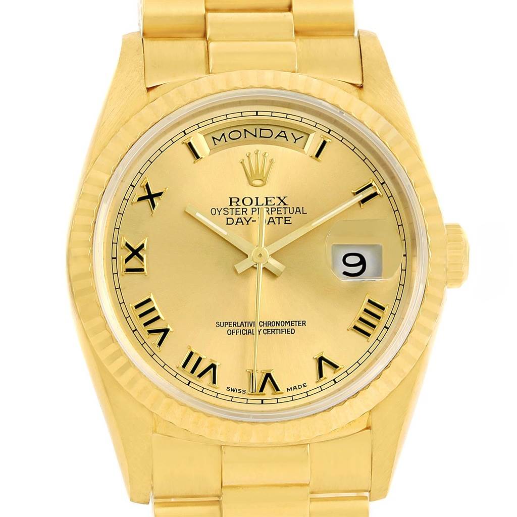 This image shows a front view of a Rolex Day-Date President model watch, displaying the dial, bracelet, and crown.