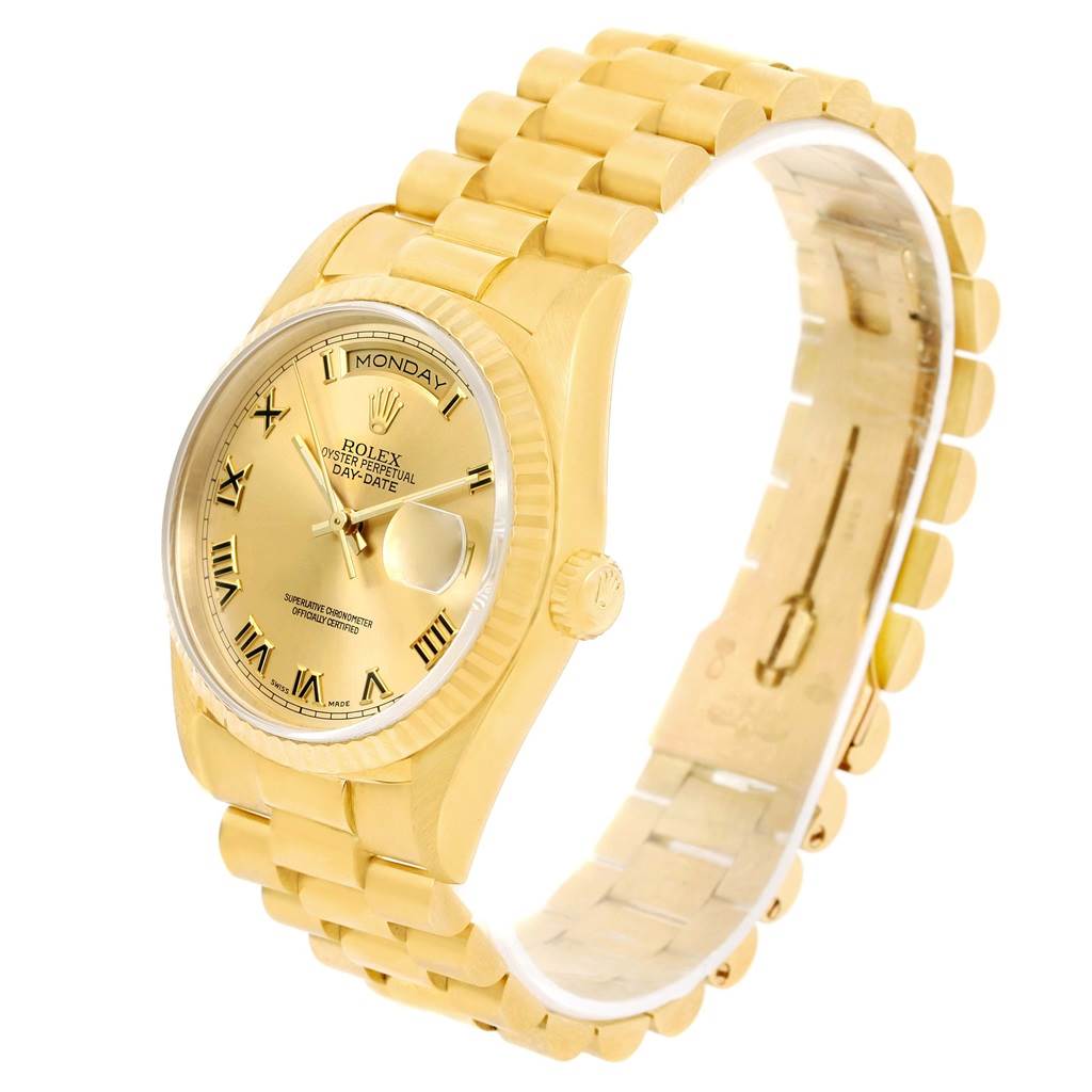 The image shows a Rolex President 18238 Men's Yellow Gold Champagne Dial 18238 Men's Yellow Gold Champagne Dial model watch at a three-quarter angle, displaying its gold bracelet, dial, and bezel.