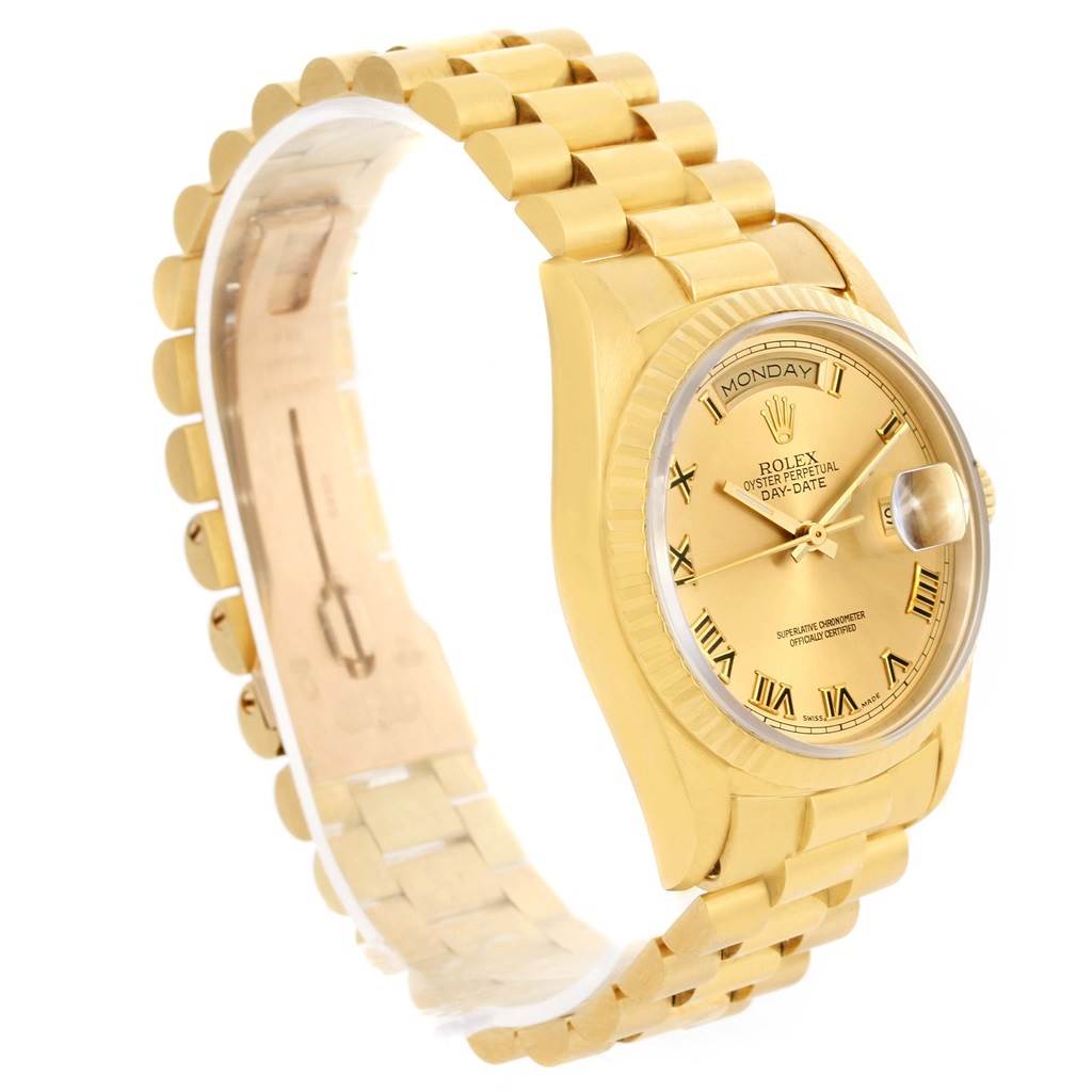 The image shows a Rolex President 18238 Men's Yellow Gold Champagne Dial 18238 Men's Yellow Gold Champagne Dial model watch angled to display the face, band, and side profile.