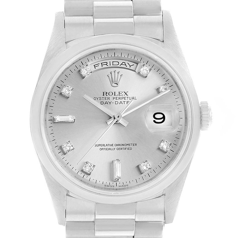 Rolex President Day-Date Platinum Silver Diamond Dial Watch 18206 SwissWatchExpo