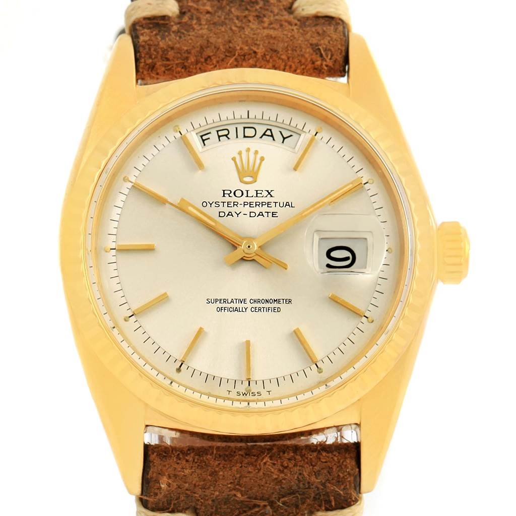 This image shows a frontal view of the Rolex President 1803 Men's Yellow Gold Silver Dial 1803 Men's Yellow Gold Silver Dial model watch, displaying the face, Day-Date feature, and crown.