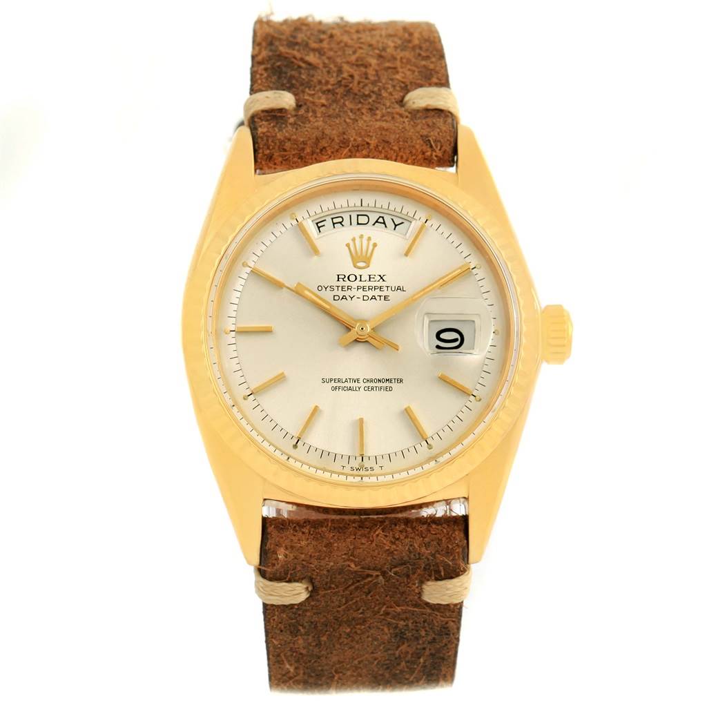 This image shows a front view of the Rolex President 1803 Men's Yellow Gold Silver Dial 1803 Men's Yellow Gold Silver Dial Day-Date watch, highlighting its face, bezel, crown, and leather strap.