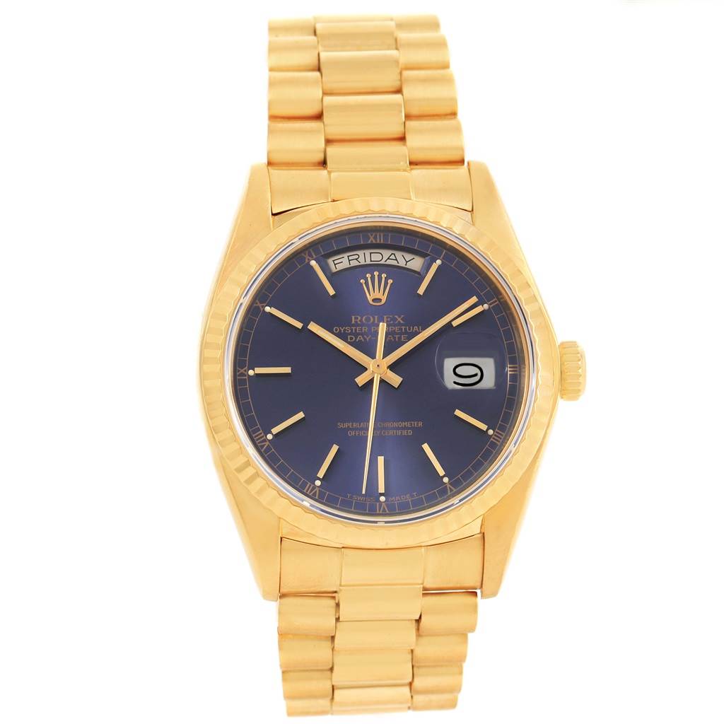 The Rolex President 18038 Men
s Yellow Gold Blue Dial 18038 Men
s Yellow Gold Blue Dial model watch is shown from a front angle, displaying the dial, bezel, case, and bracelet.