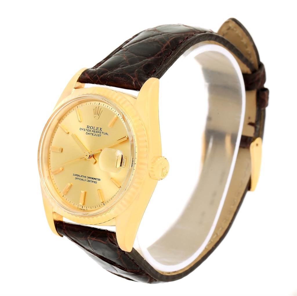 The image shows a Rolex President 1601 Men's Yellow Gold Champagne Dial 1601 Men's Yellow Gold Champagne Dial model watch angled from the front-left, highlighting the dial, bezel, crown, and strap.