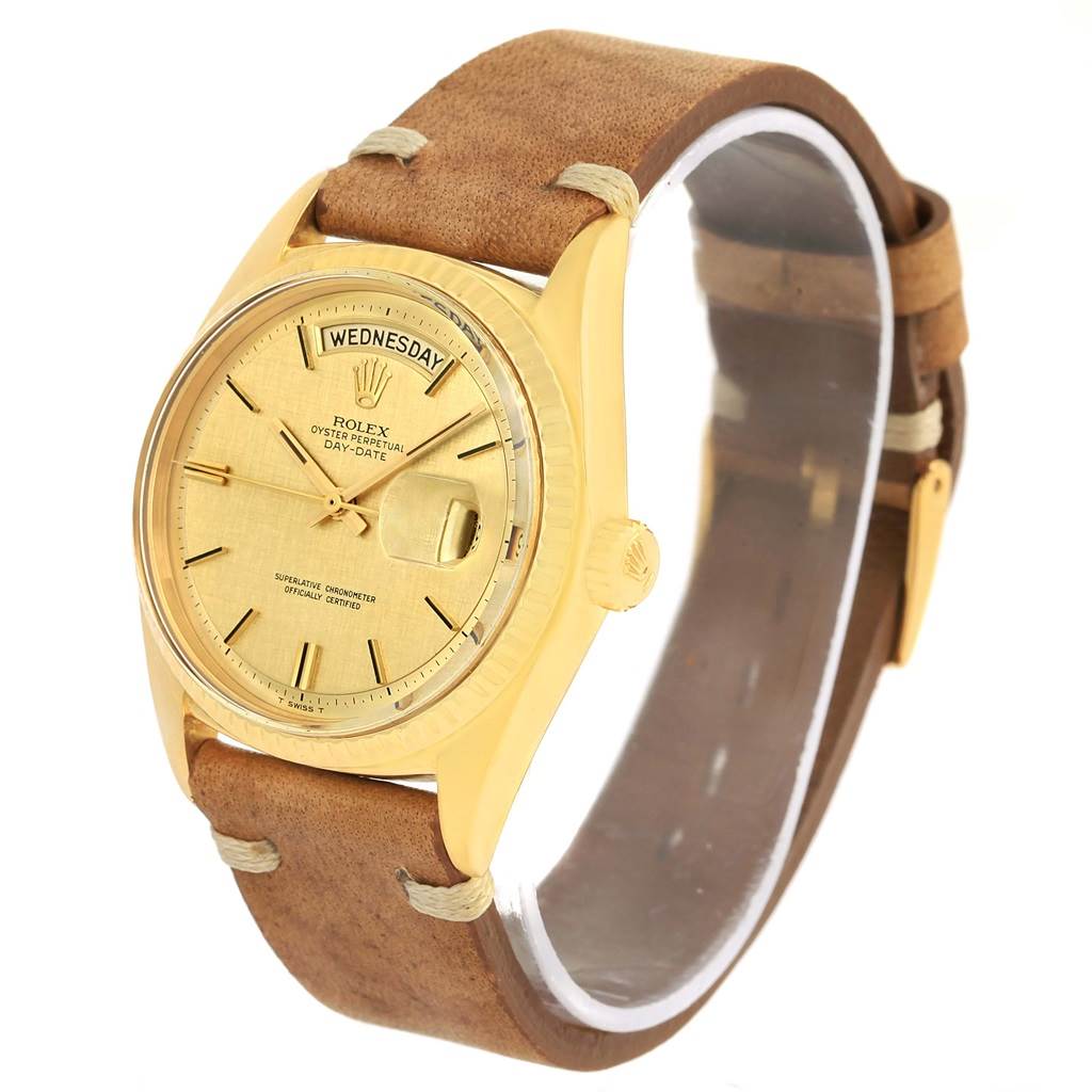 This image shows the front and side view of a Rolex President 1803 Men
s Yellow Gold Champagne Dial 1803 Men
s Yellow Gold Champagne Dial model watch with a leather strap.