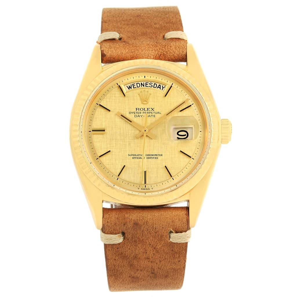 The image shows a front view of a Rolex President 1803 Men
s Yellow Gold Champagne Dial 1803 Men
s Yellow Gold Champagne Dial model watch, displaying the face, bezel, crown, and leather strap.